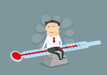 Cartoon businessman sitting on thermometer scale seesaw and balancing between illness and health, for business health concept design
