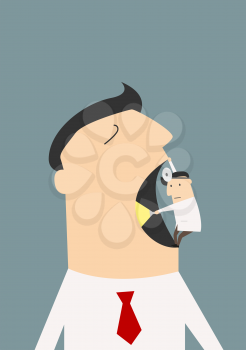 Small cartoon dentist with flashlight standing in wide open mouth of huge businessman and trying to make a diagnosis
