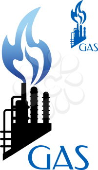 Gas and oil industry icon refinery or petrochemical factory black silhouette with blue burning flame isolated on white background with caption Gas