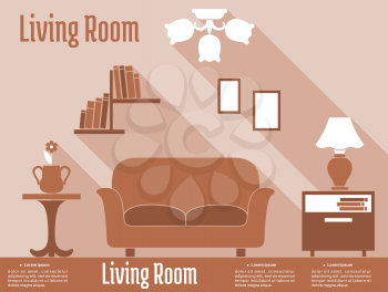 Flat interior design infographic of living room in brown and orange colors with comfortable sofa, bedside tables on both sides, lamp, chandelier and bookshelf