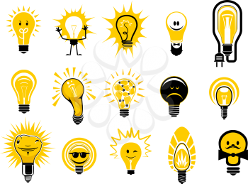 Glowing light bulbs icons in cartoon style showing electric filament lamps with bright yellow light, isolated on white background, for creative idea or electricity concept design