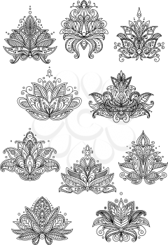 Outline persian paisley flowers and blossoms set for textile or interior design and ornate