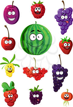 Colorful collection of happy smiling cartoon  fruit and berries for a healthy diet or vegetarian cuisine design