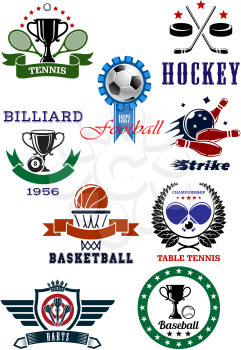 Set of sport games icons and symbols on white background emphasizing tennis, football or soccer, ice hockey, billiards, basketball, table tennis, darts, baseball and bowling