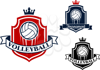 Volleyball game sports banner or emblem with ball, shield, crown and ribbon