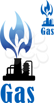 Gas refinery and mining concept with a silhouette of petrochemical plant with a flame, for logo or emblem design