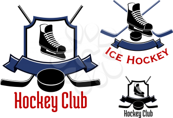 Ice hockey sports and club label or logo with crossed hockey sticks, puck and skate