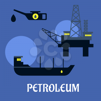 Petroleum industry flat infographics icons with offshore oil rig, oil tanker and oiler on a blue background