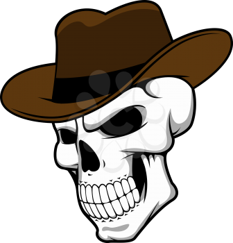 Cowboy skull wearing a stylish brown fedora hat in a halloween concept, cartoon style