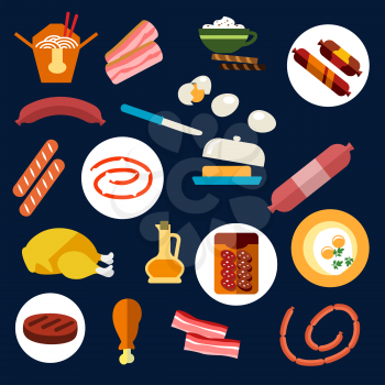 Colored flat food and meat icons with eggs, butter, bacon, various sausages, chicken, oil and salami