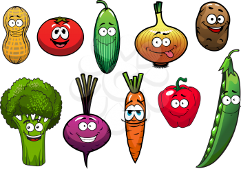 Cartoon vegetables characters with  tomato, carrot, cucumber, onion, potato, pepper, broccoli, beet, peanut, pea for agriculture or vegetarian fresh food design