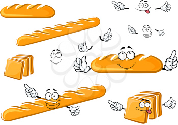 Fresh baked white long loaf, baguette and toast bread cartoon characters with cheerful funny faces isolated on white background for bakery shop design