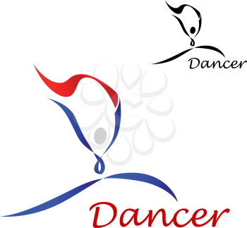Dancer sporting emblem with dancing abstract figure of curling blue and red lines on white background with smaller black duplicate in the upper corner