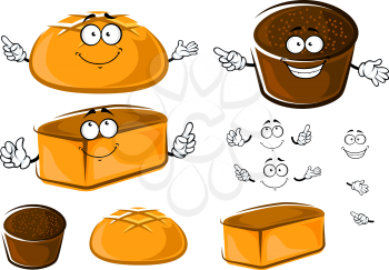 Fresh bakery products with homemade bread and round white wheat and brown rye loafs with funny faces for bakery shop  design