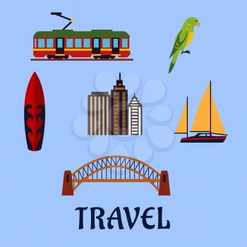Australian travel concept with famous cultural, architectural and nature symbols as Harbour bridge and skyscrapers, yacht and surfboard, tram and eclectus parrot on blue background. Flat style