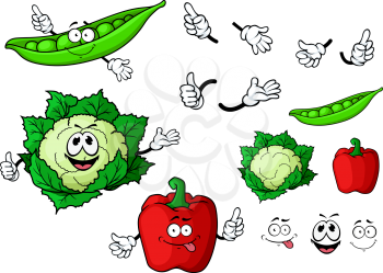 Funny fresh cartoon cauliflower, red bell pepper and pea pod vegetables characters with thumb up gestures for vegetarian healthy food or agriculture design