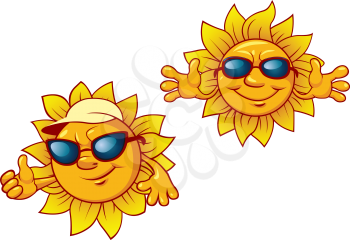 Smiling summer suns cartoon characters in sunglasses with welcome open arms for leisure and travel design