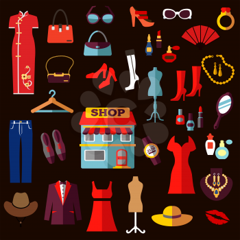 Shopping, fashion and beauty flat icons  with shop building, women and men clothes, shoes, hats, bags, sunglasses, watch, jewelry and cosmetics