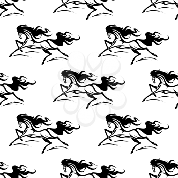 Running horses with curly manes and long slender legs seamless black and white pattern background, for fabric or interior design