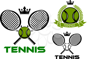 Tennis cup or club emblems with green tennis balls, crossed rackets, crowns on tops, laurel wreath and ribbon banner