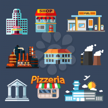 Industrial, commercial, education, service and transportation building flat icons with hotel, shop, gas station, plant, school, power station, bank, pizzeria cafe and airport
