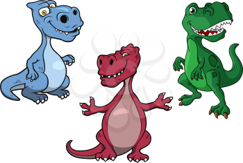 Cartoon blue, green and purple t-rex dinosaurs with kind smiling faces isolated on white background for childish design