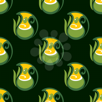 Seamless pattern of extra virgin olive oil with olive fruits in  jugs, decorated by leaves on dark green background, for wallpaper or vegetarian food design
