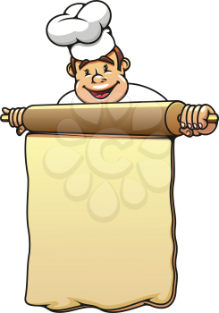 Cute happy smiling cartoon baker with rolling pin and dough for your menu or recipe