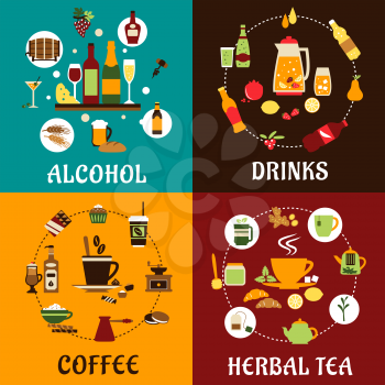 Beverage icons in flat style with alcohol and non alcohol drinks, food, herbal tea and coffee with colored iingredients, tablewares and snacks
