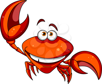 Happy smiling red cartoon marine crab character waving a big claw, isolated on white