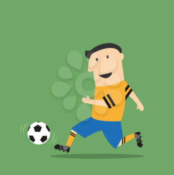 Football or soccer player in uniform running with the ball on field during the match. Cartoon flat style