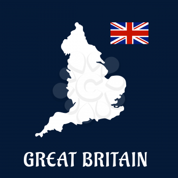 Great Britain country flat icon or emblem with a white silhouette map and Union Jack flag over a blue background and text  Great Britain