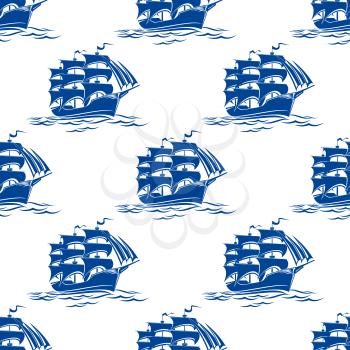 Seamless pattern of a blue ships sailing on ocean waves for nautical background design