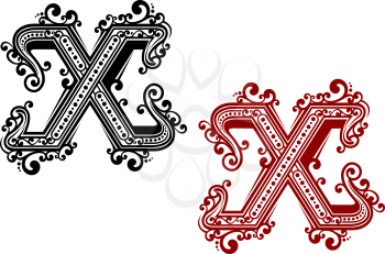 Letter X in red and black colors decorated by vintage stylized intricate ornaments for monogram or font design