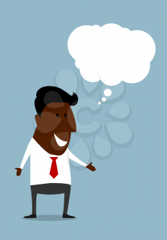 Successful excited african american businessman with happy smile and speech bubble for success business concept design. Flat cartoon style