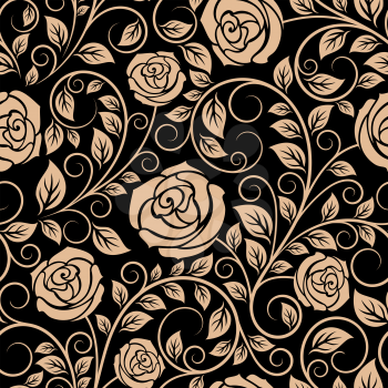 Luxury floral seamless pattern of brown blooming roses with curved leafy stems on black background for wallpaper or interior design