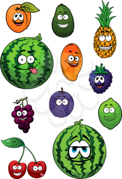 Cartoon fresh watermelon, avocado, mango, lime, pineapple, apricot, blackberry, cherries, grape and plum fruits with happy faces for agriculture or fresh food design