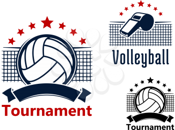 Volleyball tournament emblems design with balls, whistle and nets on the background, decorated withred stars and blank ribbon banners