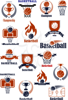 Basketball championship or club emblems with sport balls, backboards, baskets, court and trophy cups decorated with heraldic elements