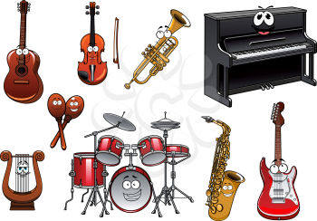 Funny cartoon musical instruments characters with upright piano, acoustic and electric guitars, drum set, violin, trumpet, saxophone, maracas and lyre