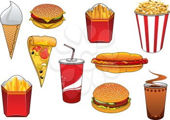 Cartoon fast food burger and cheeseburger, hot dog, pizza slice, french fries and popcorn in takeaway boxes, coffee and soda in paper cups, ice cream cone