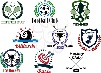 Sporting club and tournament emblems for football or soccer, tennis, billiards, ice hockey, bowling, darts with game items and heraldic elements