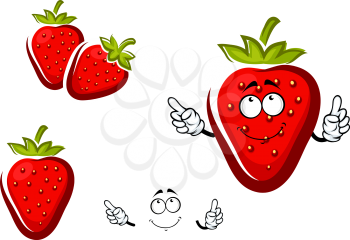 Sweet cartoon strawberry fruit character with green leafy cap and curved stem for agriculture or healthy natural dessert design