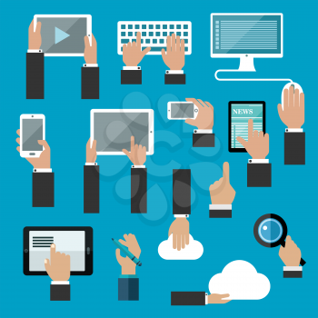 Digital devices and web technology flat concept swith human hands working on tablets, desktop computer, keyboard, smartphones, digital pen, cloud data storage and search application