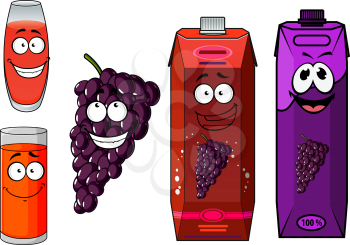 Natural fresh grape juice cartoon characters with funny smiling glasses, bunch of glossy violet grape fruit and bright juice packs for beverage design