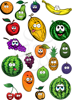 Fresh orange, pear, blackberry, banana, apple, melon, grapes, watermelons, apricots, pineapple, avocado, plum, lemon, mango and cherry fruits cartoon characters