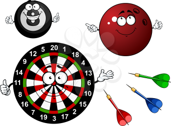 Vartoon dartboard with colorful arrows, bowling and billiard ball characters with smiling faces isolated on white background. For sports design