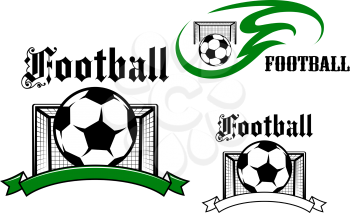 Football and soccer game emblems or symbols with soccer balls, goals on the background, decorated by blank ribbon banner and framed by flame