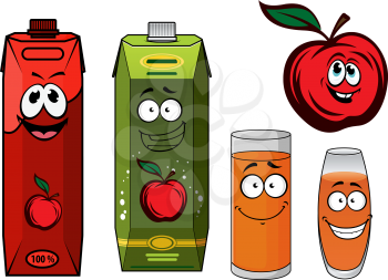 Apple juice cartoon characters with funny fresh red apple, cardboard red and green juice packs with screw caps, and glasses with drinks