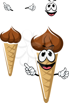 Chocolate ice cream cone cartoon character with crispy waffle and cheerful smiling faca isolated on white background
